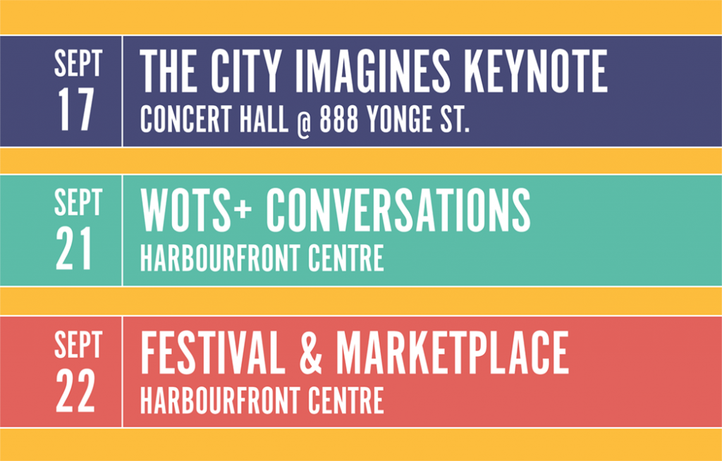 Three banners displaying the dates and venues of the City Imagines keynote speech, the WOTS Plus Conversations, and the Festival and Marketplace.